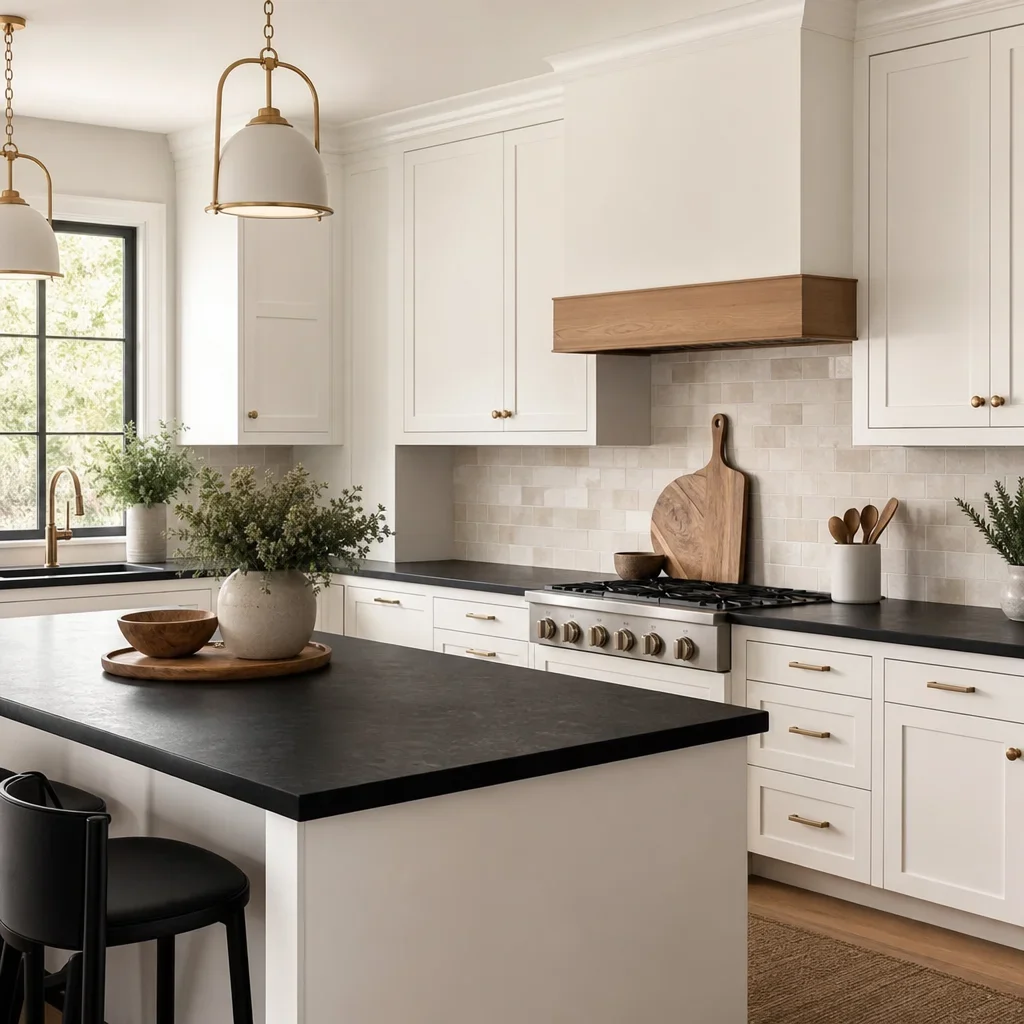 A black-and-white kitchen softened with warm backsplash tones and wood accents.
