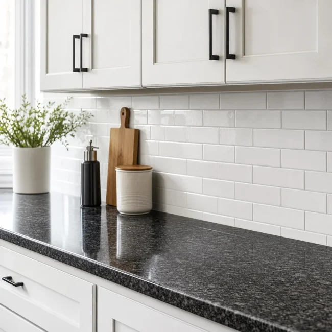 white cabinets dark countertops subway backsplash 3202