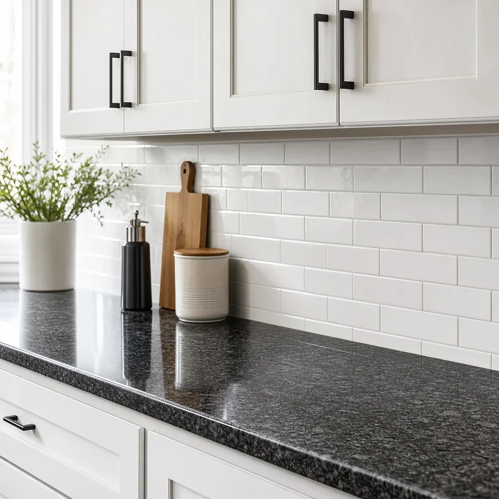 white cabinets dark countertops subway backsplash 3202